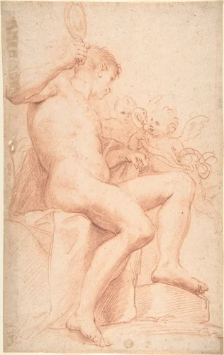 Nude Male with Two Putti by anonymous, drawing, 1600-1700