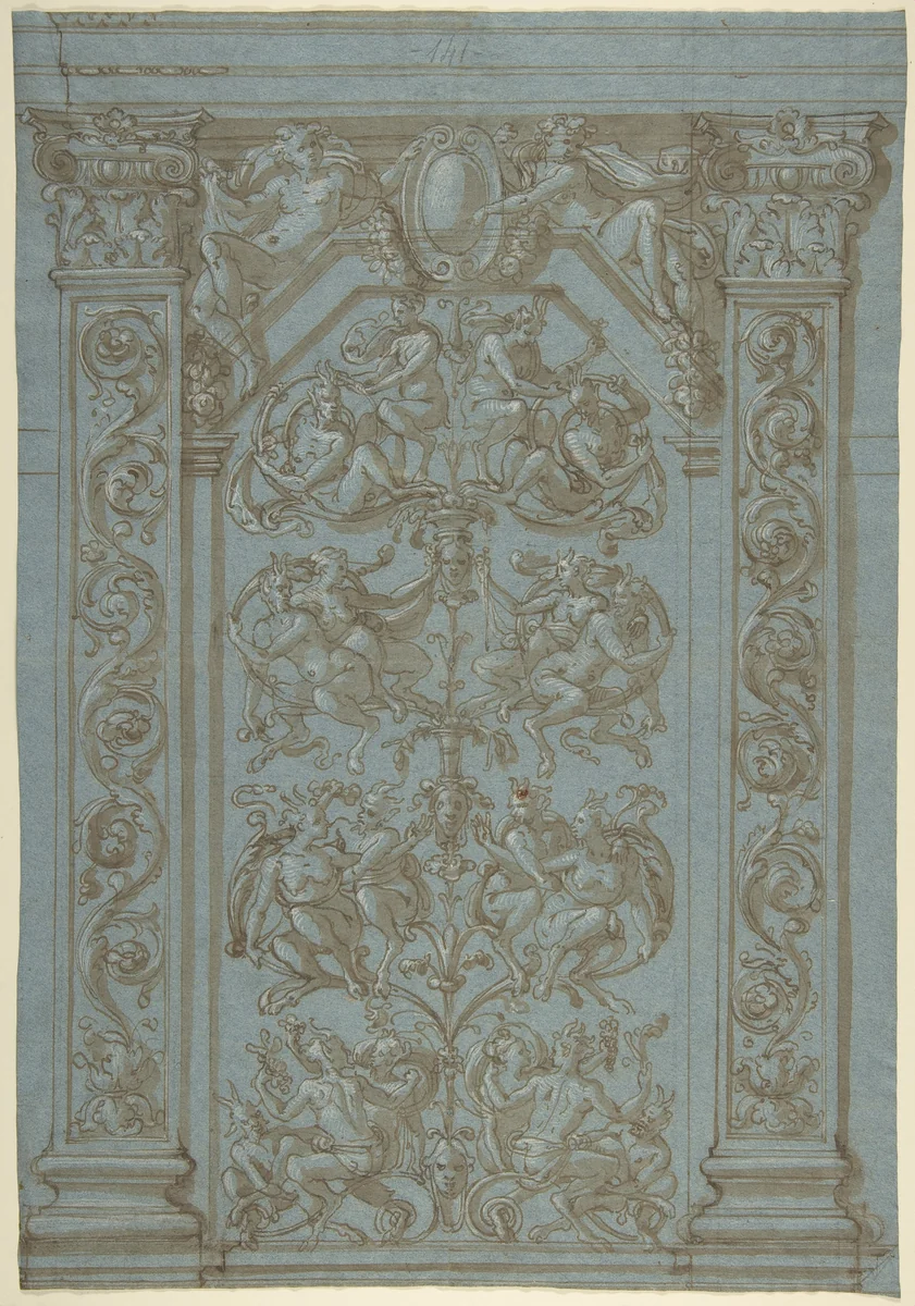 Design for a Wall Elevation with Grotesques by anonymous, drawing, 1540-1570