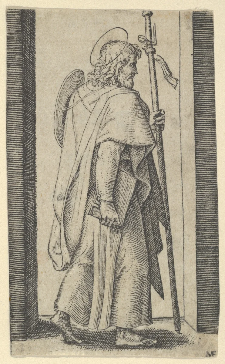 Saint James Major, book is his right hand, staff in his left facing right, from "Piccoli Santi" (Small Saints) by Marcantonio Raimondi, print, 1495-1532