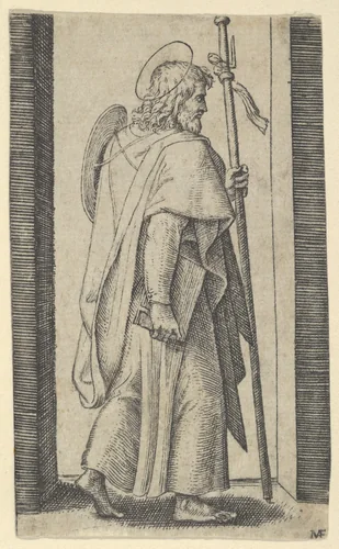 Saint James Major, book is his right hand, staff in his left facing right, from "Piccoli Santi" (Small Saints) by Marcantonio Raimondi, print, 1495-1532