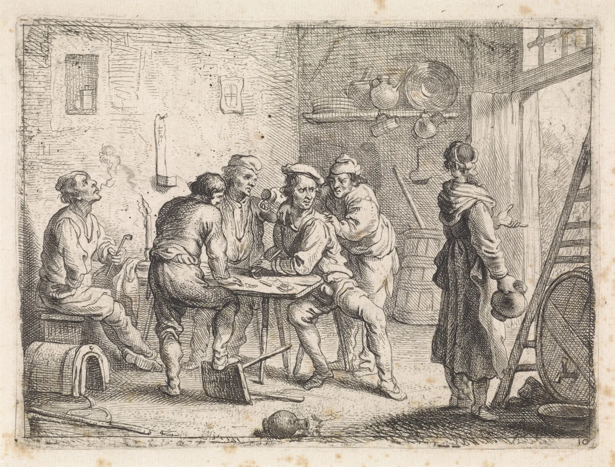 Vrouw verlaat herberg by Cornelis de Wael, print, 1630-1648