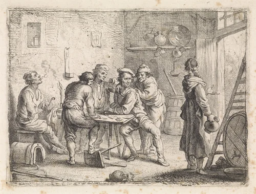 Vrouw verlaat herberg by Cornelis de Wael, print, 1630-1648