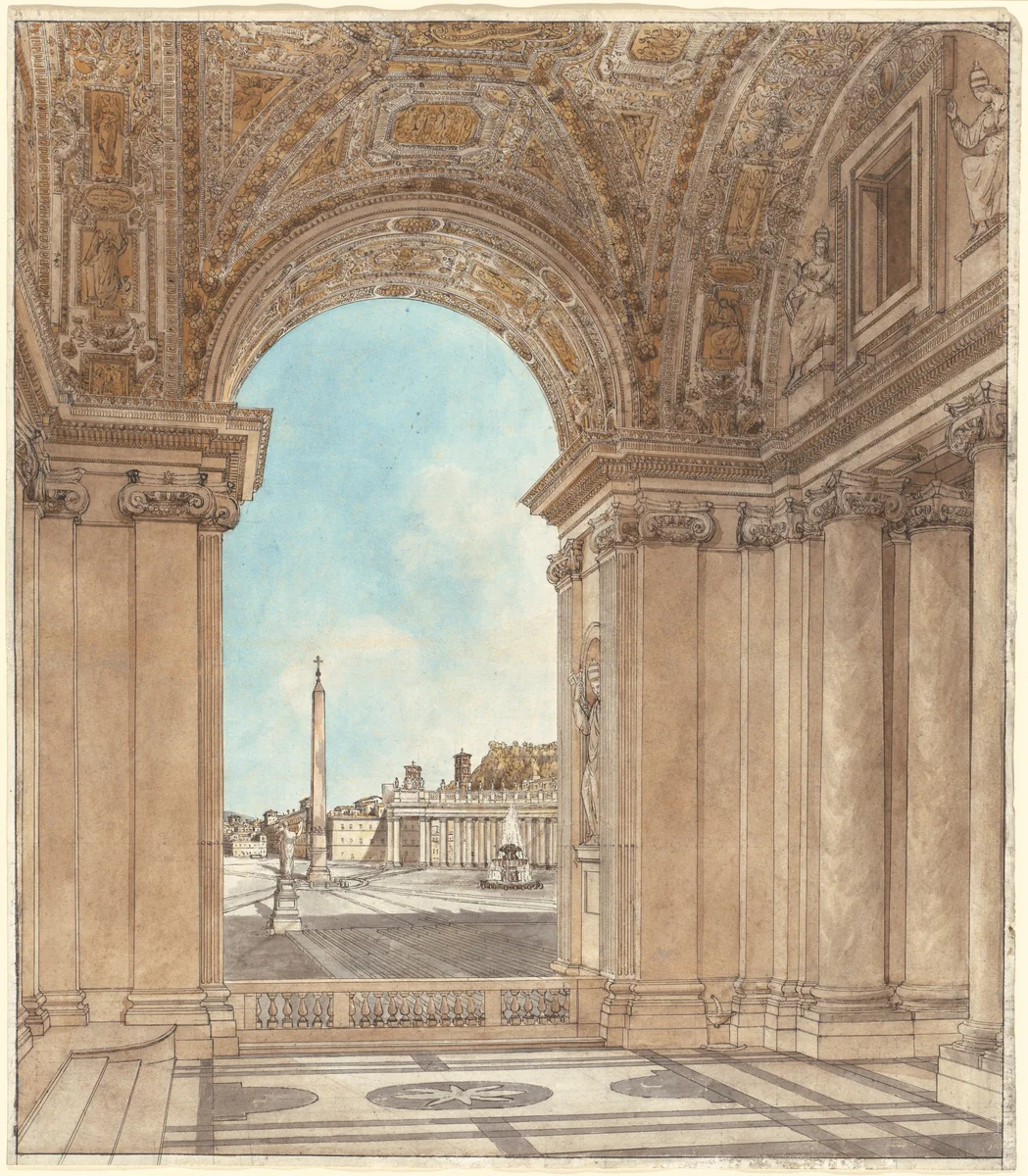 The Piazza of Saint Peter's Seen through an Arch of the Basilica by Giacomo Quarenghi, drawing, 1778-1779