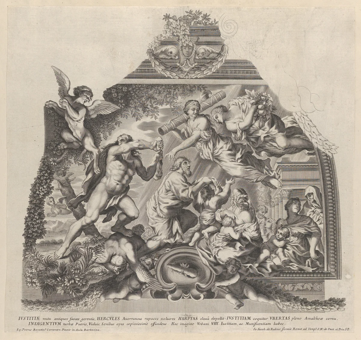 Plate 6: Allegory with Hercules chasing off the Harpies as Justice and Plenty aid the poor, from "Barberinae aulae fornix" by anonymous, print, 1672-1682