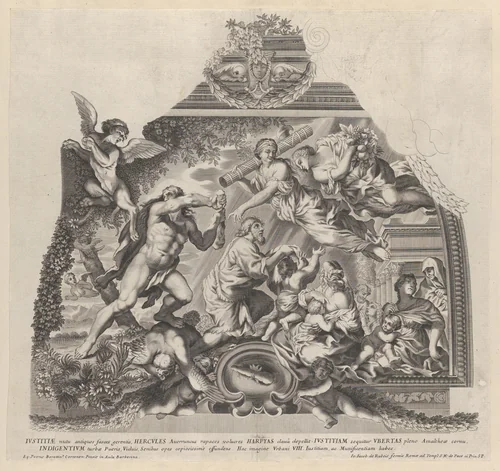 Plate 6: Allegory with Hercules chasing off the Harpies as Justice and Plenty aid the poor, from "Barberinae aulae fornix" by anonymous, print, 1672-1682