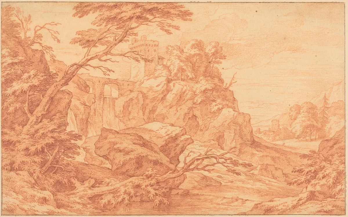 A Rocky Landscape with a Stone Tower and a Waterfall by Adriaen Frans Boudewyns, drawing, 1644-1711