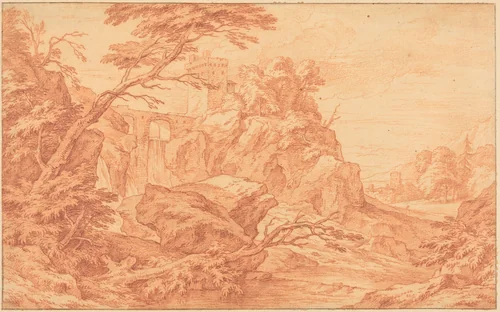 A Rocky Landscape with a Stone Tower and a Waterfall by Adriaen Frans Boudewyns, drawing, 1644-1711