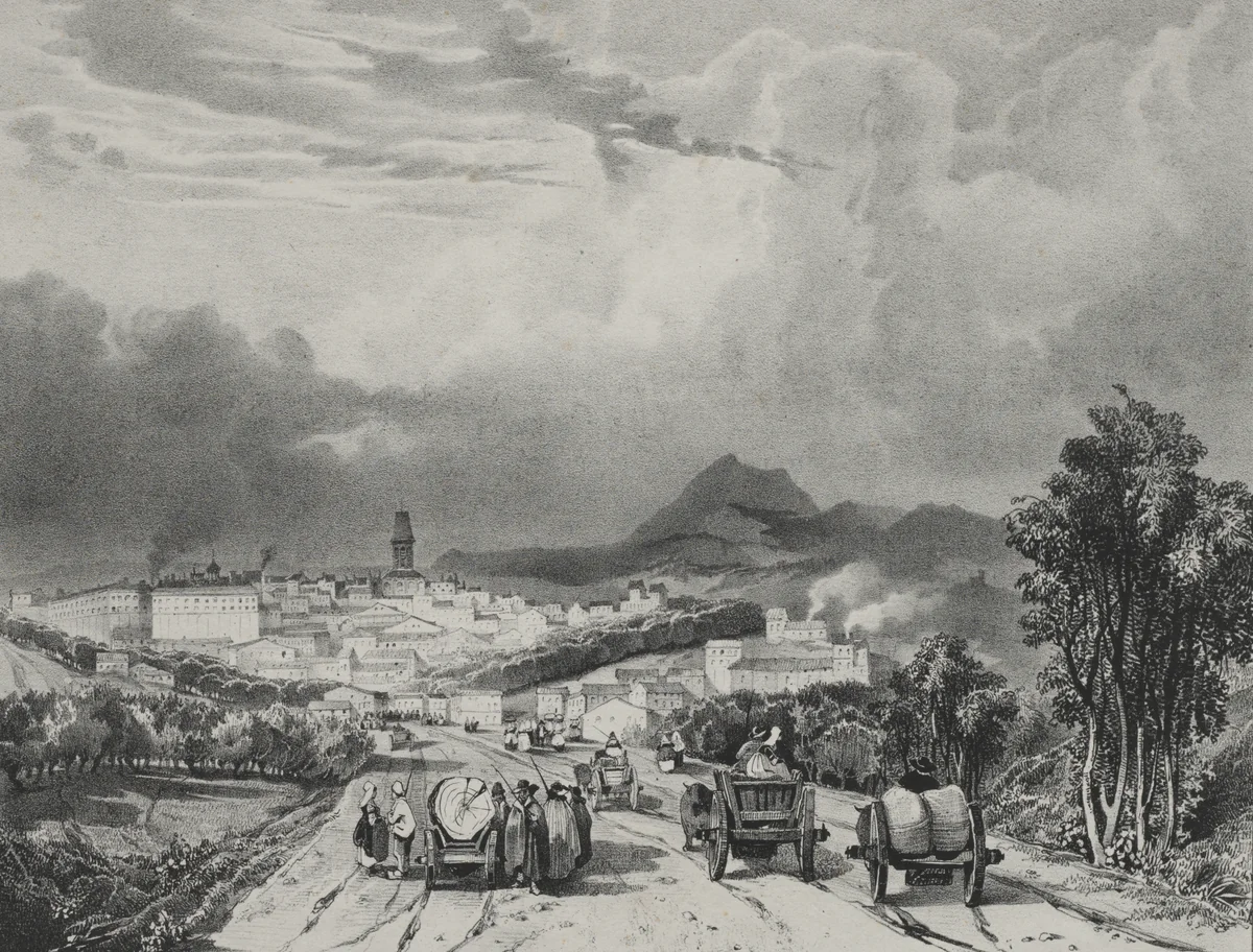Vue generale de Riom, Auvergne by Adrien Dauzats, print, 1829