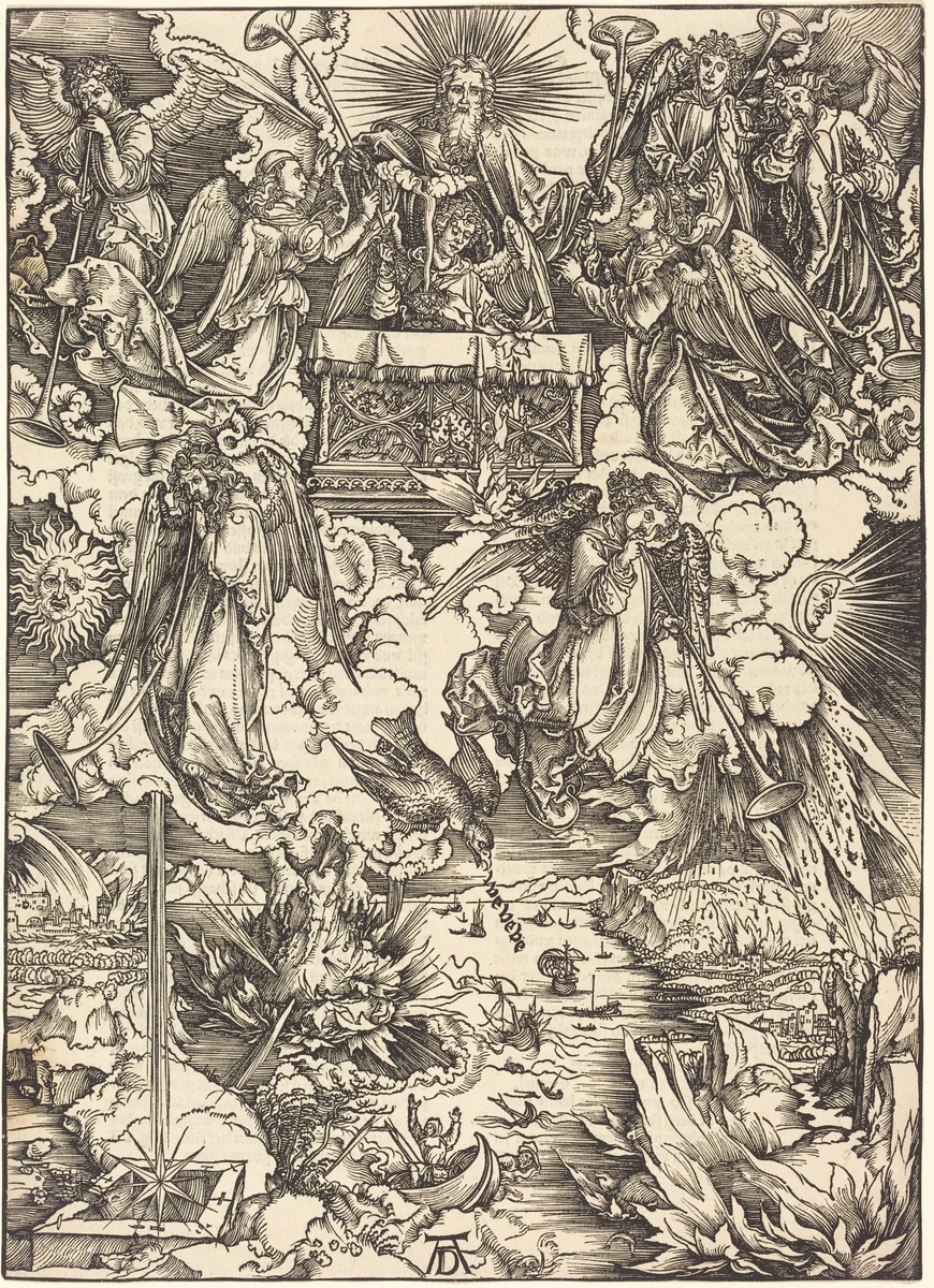 The Seven Angels with the Trumpets by Albrecht Dürer, print, 1496-1498