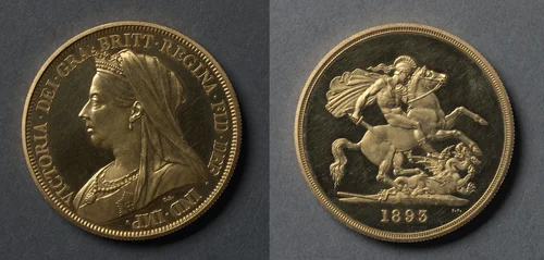 Five Pound Piece: Victoria (obverse); St. George and the Dragon (reverse) by Benedetto Pistrucci, metalwork, 1893