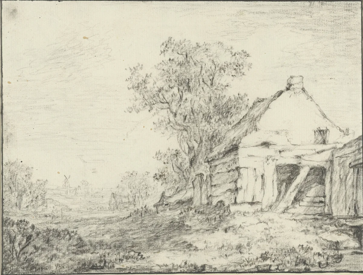 Vervallen schuur bij een boom by Jacob van der Smissen, drawing, 1745-1813