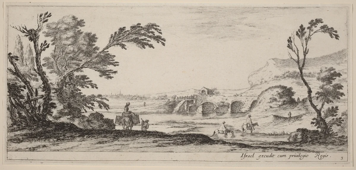 Travelers Fording a Stream by Stefano della Bella, print, 1647
