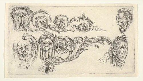 Five grotesque heads, plate 4 from "Friezes, foliage, and grotesques" (Frises, feuillages et grotesques) by Stefano della Bella, print, 1638-1643