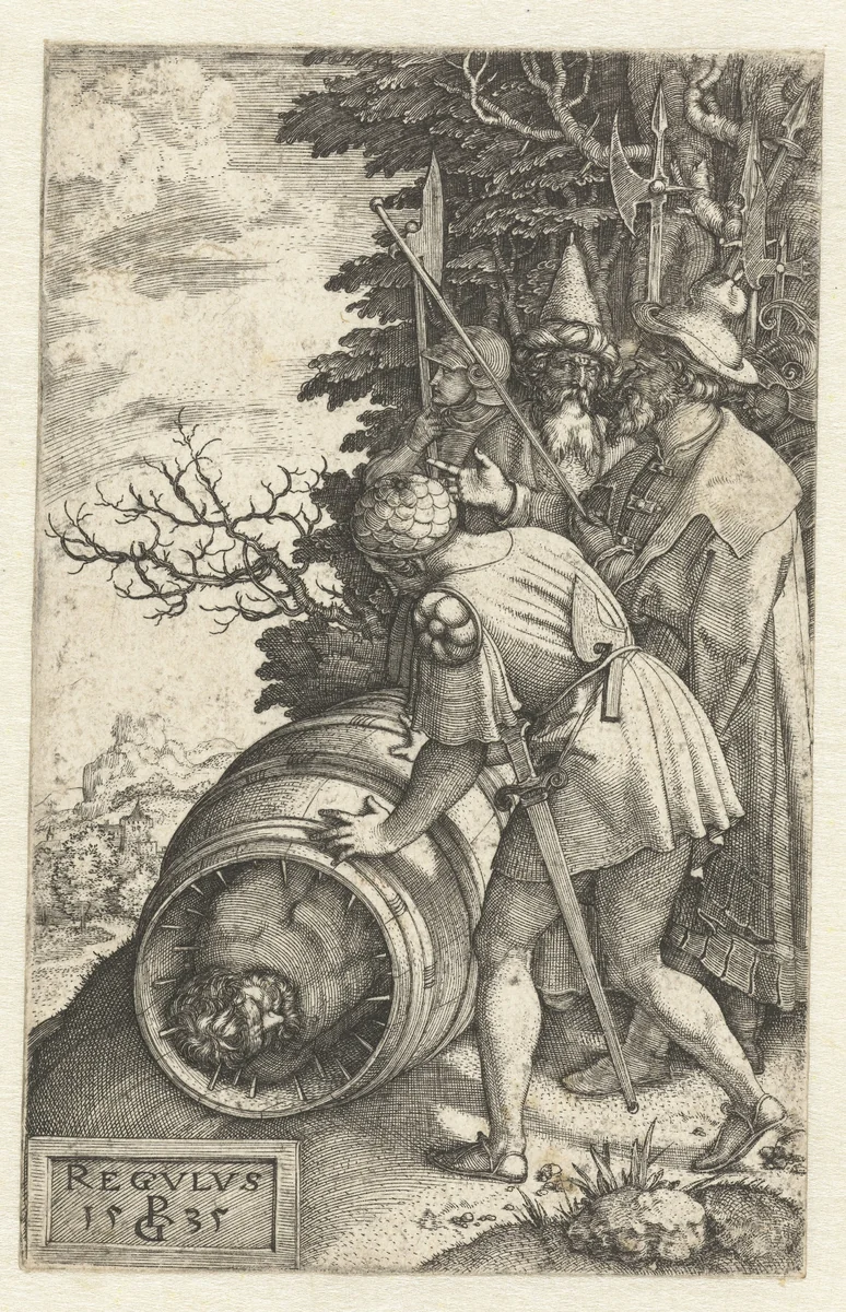 Marteldood van Atilius Regulus in ton met spijkers by Unknown, print, 1535