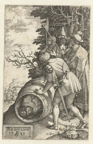 Marteldood van Atilius Regulus in ton met spijkers by Unknown, print, 1535