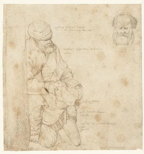 Zittende bedelaar en een studie van zijn hoofd by Roelant Savery, drawing, 1603-1613