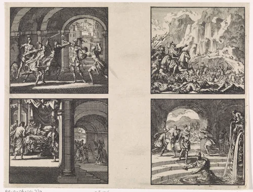 Antigonus wordt op bevel van zijn broer Aristobulus gedood / Sterfbed van koning Aristobulus / Herodes en zijn ruiters in gevecht met rovers / Gewapende vijanden slaan op de vlucht wanneer zij Herodes na zijn overwinning op het leger van Antigonus in bad zien by Jan Luyken, print, 1698