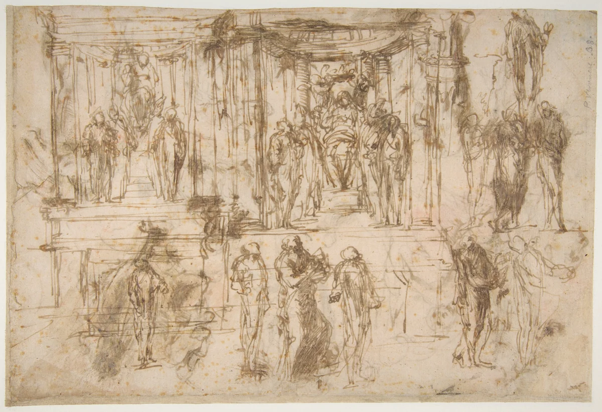 Studies for an Altarpiece with the Virgin Enthroned, Attended by Four Saints (recto); Various Figure Studies, Some Possibly for a Deposition of Christ (verso) by Polidoro da Caravaggio, drawing, 1530-1535
