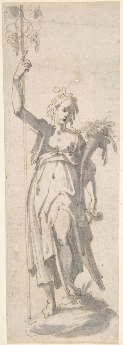 Female Figure with Staff and Cornucopia by anonymous, drawing, 1600-1699