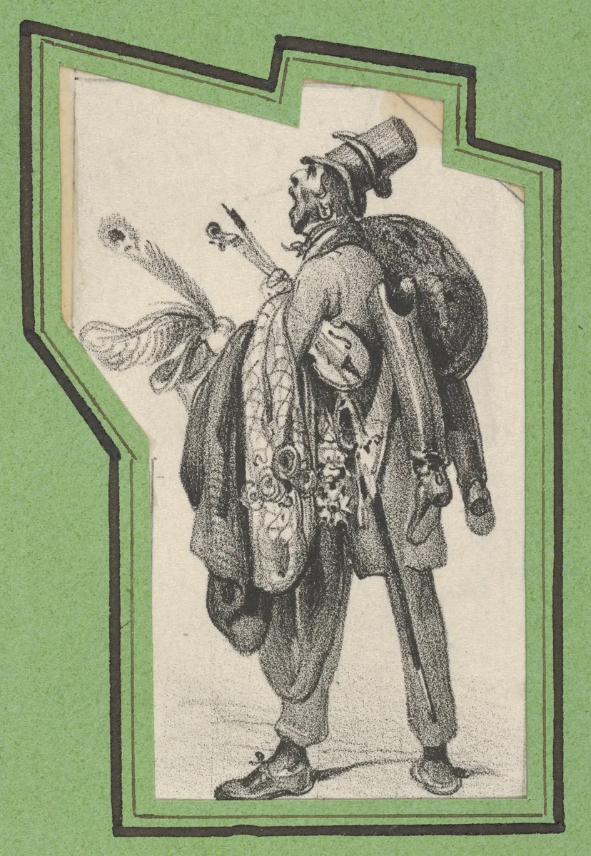 Man wearing two hats and holding boots, jackets and a violin by Victor Adam, print, 1820-1866