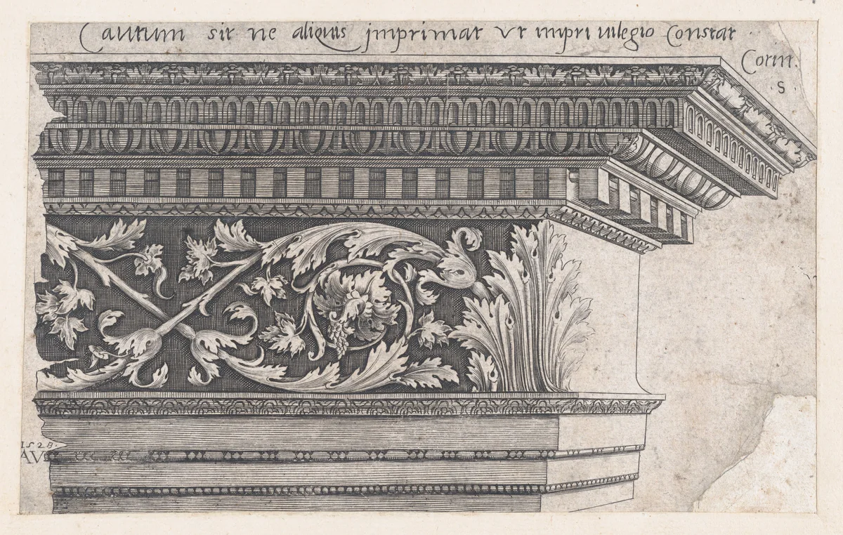 Corinthian Entablature, from "Speculum Romanae Magnificentiae" by Agostino Veneziano, print, 1528