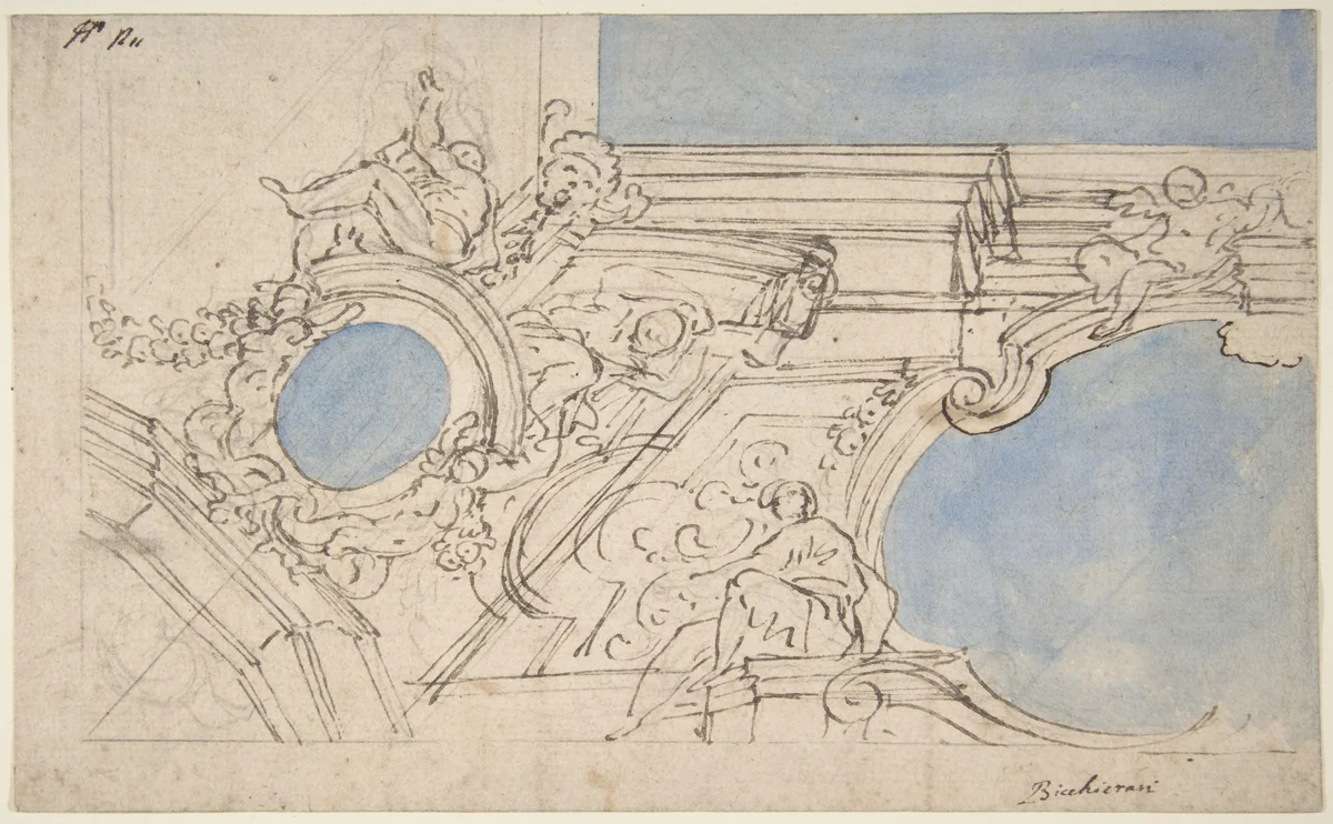 A Foreshortened View of a Ceiling Corner Decorated with Statues, Putti and Garlands by Luigi Garzi, drawing, 1650-1721