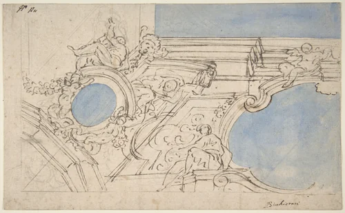 A Foreshortened View of a Ceiling Corner Decorated with Statues, Putti and Garlands by Luigi Garzi, drawing, 1650-1721