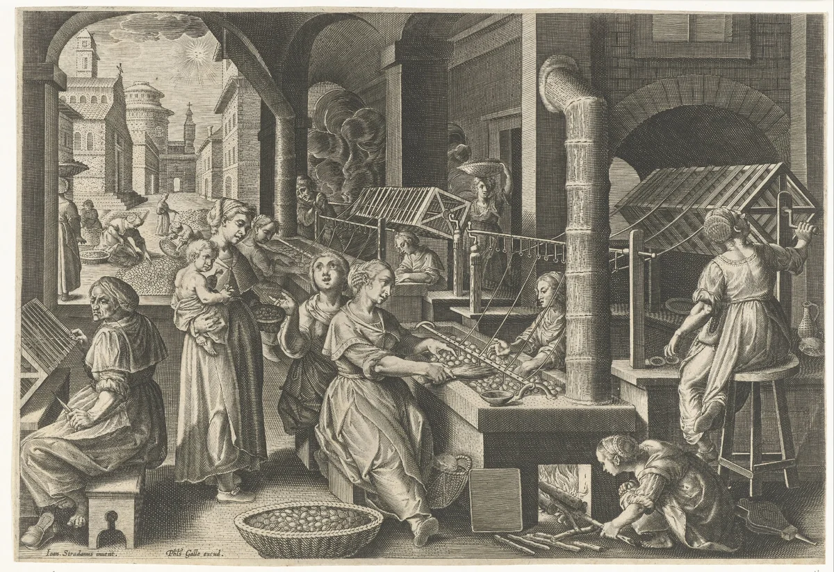 Haspelen van de zijde by Karel van Mallery, print, 1595