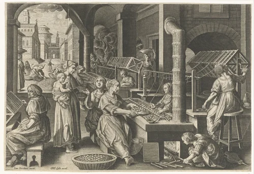 Haspelen van de zijde by Karel van Mallery, print, 1595