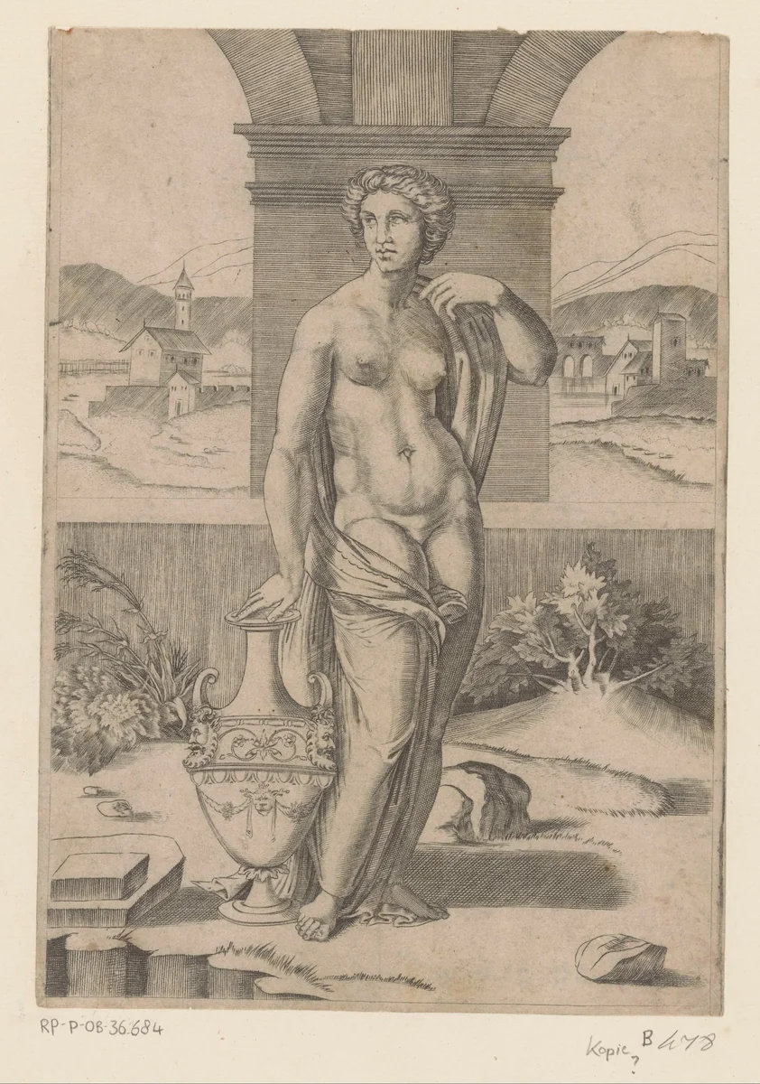 Vrouw met amfoor by Agostino Veneziano, print, 1500-1536