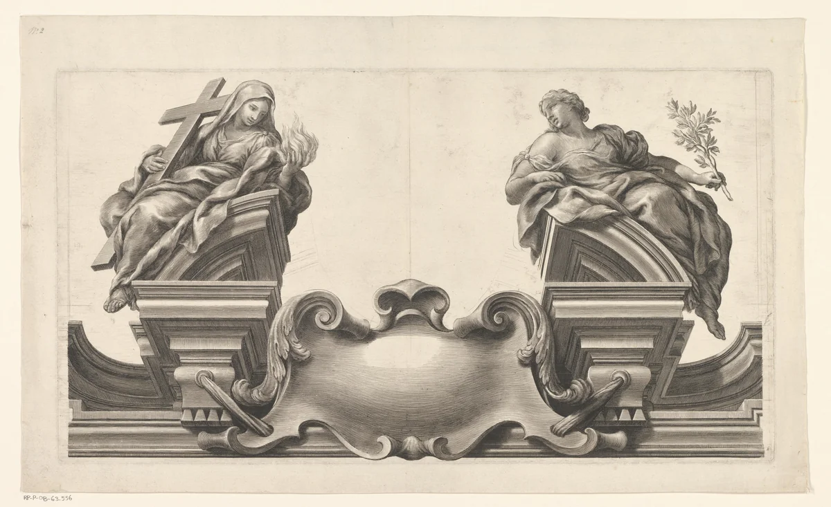 Offer op tempelplein in monumentale omlijsting (deel middenboven) by François Spierre, print, 1649-1681