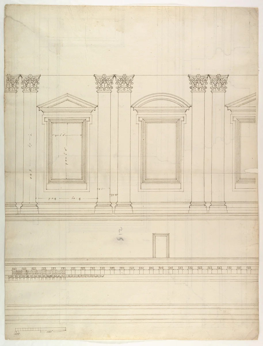 St. Peter's, drum, interior, elevation (recto) St. Peter's, drum, pedestal, section (verso) by Etienne DuPérac, drawing, 1500-1560