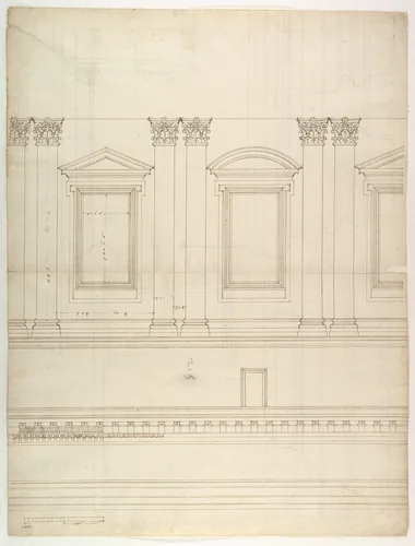 St. Peter's, drum, interior, elevation (recto) St. Peter's, drum, pedestal, section (verso) by Etienne DuPérac, drawing, 1500-1560