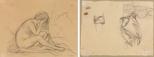 Study of a Female Nude (possibly for an unrealized allegorical painting) (recto); Studies of Drapery and Study of a Landscape (verso) by Pierre Puvis de Chavannes, drawing, 1800-1899