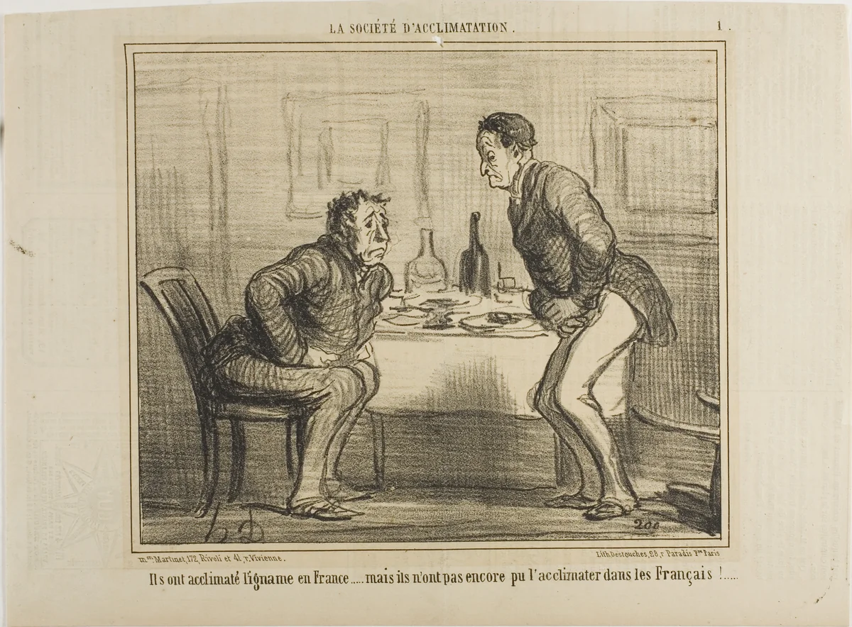 They succeeded in acclimatizing the Indian potato to the French climate, but it is still a problem to acclimatize the French to the Indian potato!, plate 1 from La Société D'acclimatation by Honoré-Victorin Daumier, print, 1858