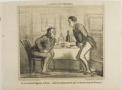 They succeeded in acclimatizing the Indian potato to the French climate, but it is still a problem to acclimatize the French to the Indian potato!, plate 1 from La Société D'acclimatation by Honoré-Victorin Daumier, print, 1858