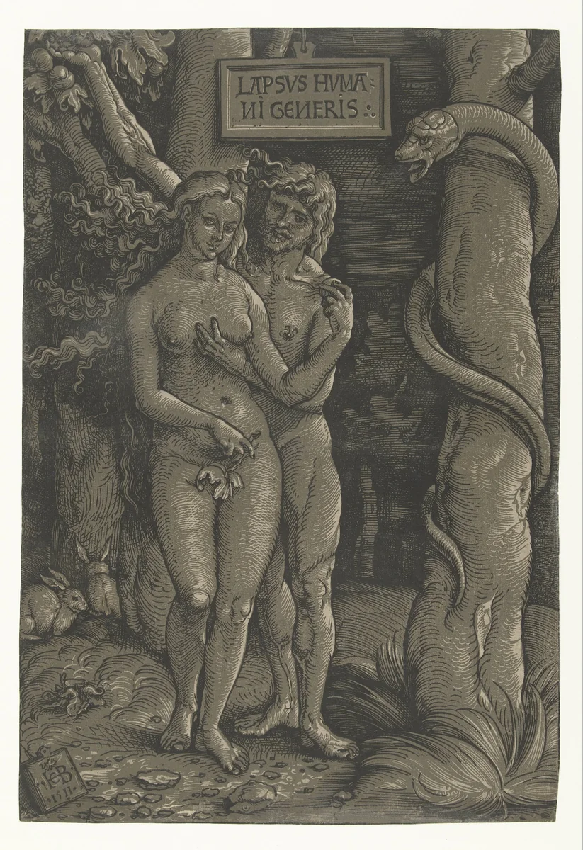 Verzoeking van Adam en Eva in het paradijs by Unknown, print, 1511