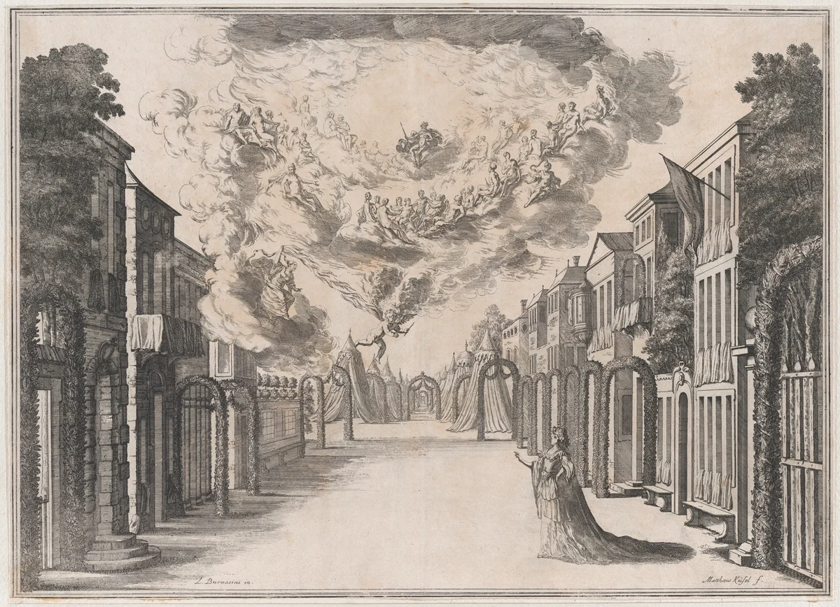 A woman standing on an empty street, gazing up at the Olympian gods in the sky; set design from 'Il Fuoco Eterno' by Mathäus Küsel, print, 1674