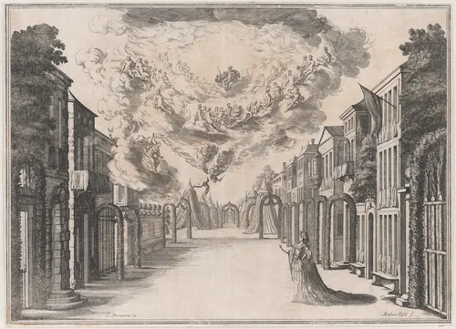 A woman standing on an empty street, gazing up at the Olympian gods in the sky; set design from 'Il Fuoco Eterno' by Mathäus Küsel, print, 1674