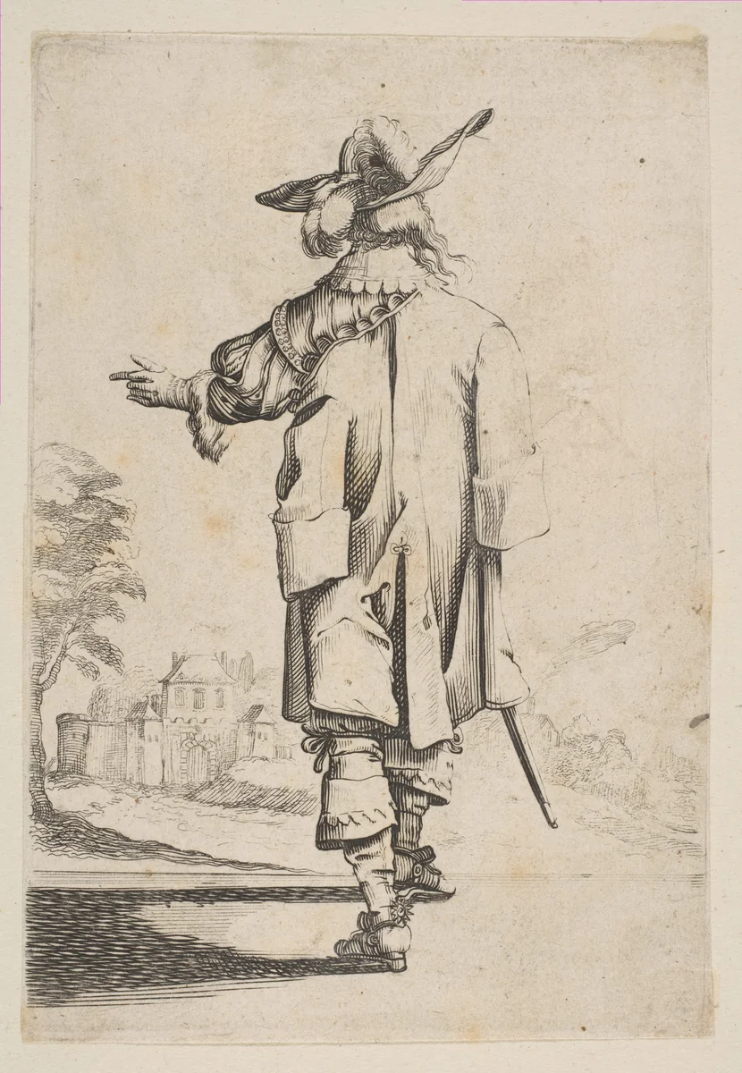 Gentleman Seen from the Back Pointing towards a Chateau by anonymous, print, 1629