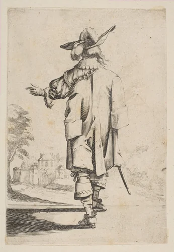 Gentleman Seen from the Back Pointing towards a Chateau by anonymous, print, 1629