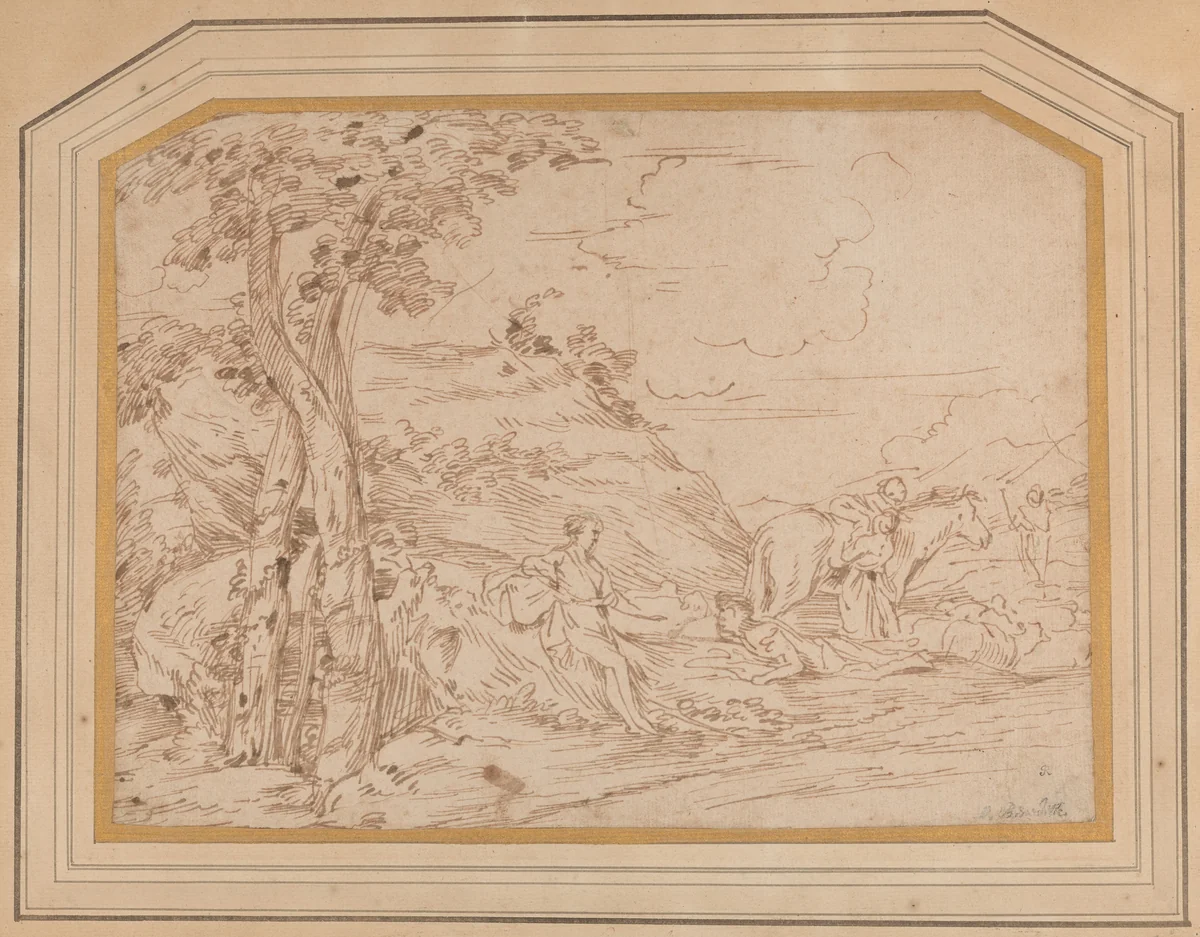 A Wooded Landscape with a Shepherd and His Family by Andrea De Leone; Giovanni Benedetto Castiglione, drawing, 1630-1640