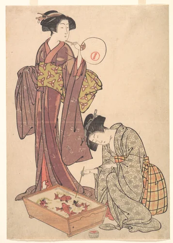 Two Women Feeding Fish by Kitao Shigemasa (北尾重政), print, 1739-1820