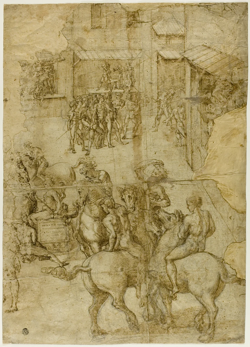Mythological Pageant (recto); Illegible Inscriptions and Anatomical Studies of Head (verso) by Girolamo Genga, drawing, 1528-1529