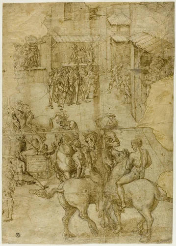 Mythological Pageant (recto); Illegible Inscriptions and Anatomical Studies of Head (verso) by Girolamo Genga, drawing, 1528-1529