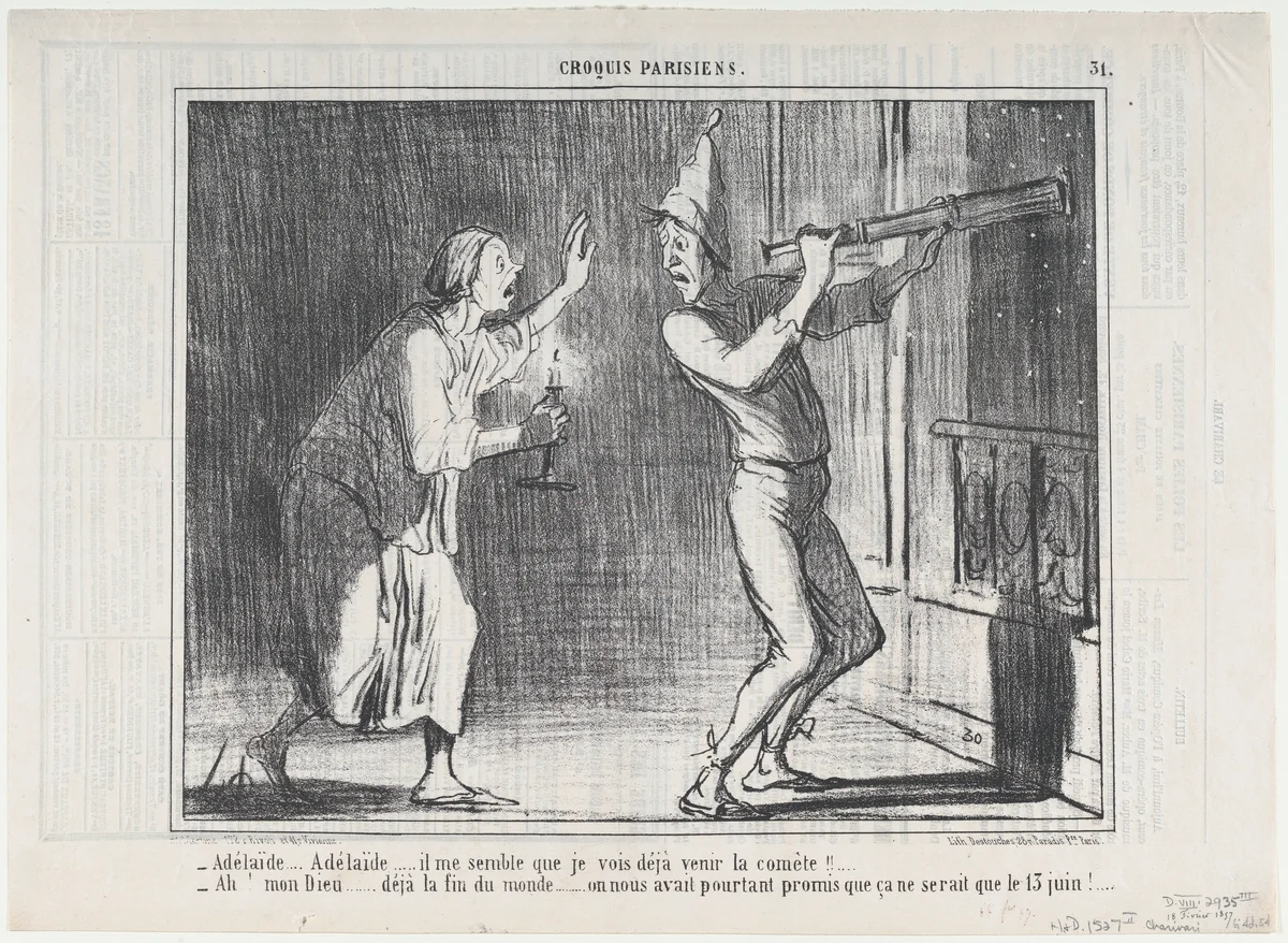 Adèlaïde... Il me semble que je vois... la comète! (Adelaide... I think I see the comet!), from "Croquis Parisiens" by Honoré Daumier, print, 1857