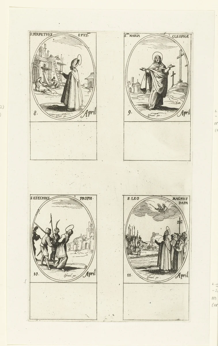 Heilige Perpetuus van Tours, Heilige Maria van Klopas, Heilige Ezechiël, Heilige Leo I de Grote (8-11 april) by Jacques Callot, print, 1632-1636