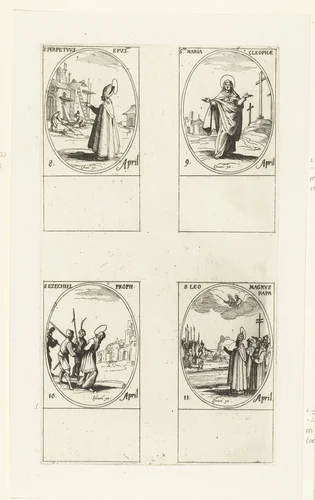 Heilige Perpetuus van Tours, Heilige Maria van Klopas, Heilige Ezechiël, Heilige Leo I de Grote (8-11 april) by Jacques Callot, print, 1632-1636