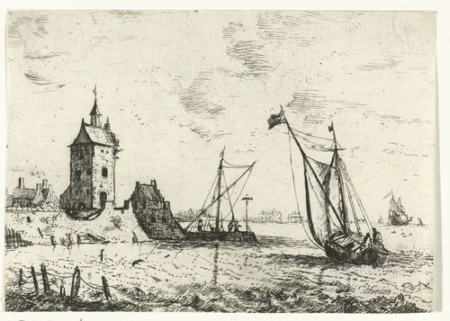 Havengezicht met een uitkijktoren by Bonaventura Peeters, print, 1624-1652