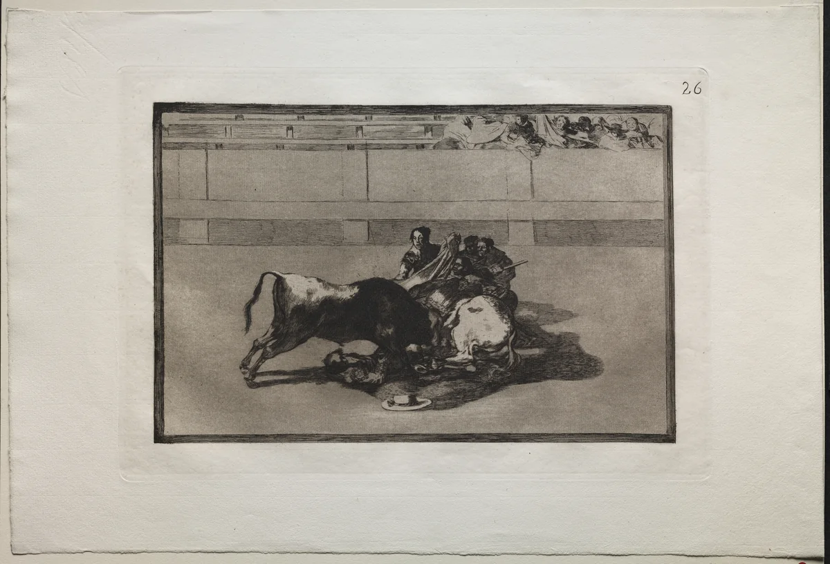 Bullfights: A Picador is Unhorsed and Falls Under the Bull by Francisco de Goya, print, 1816-1876